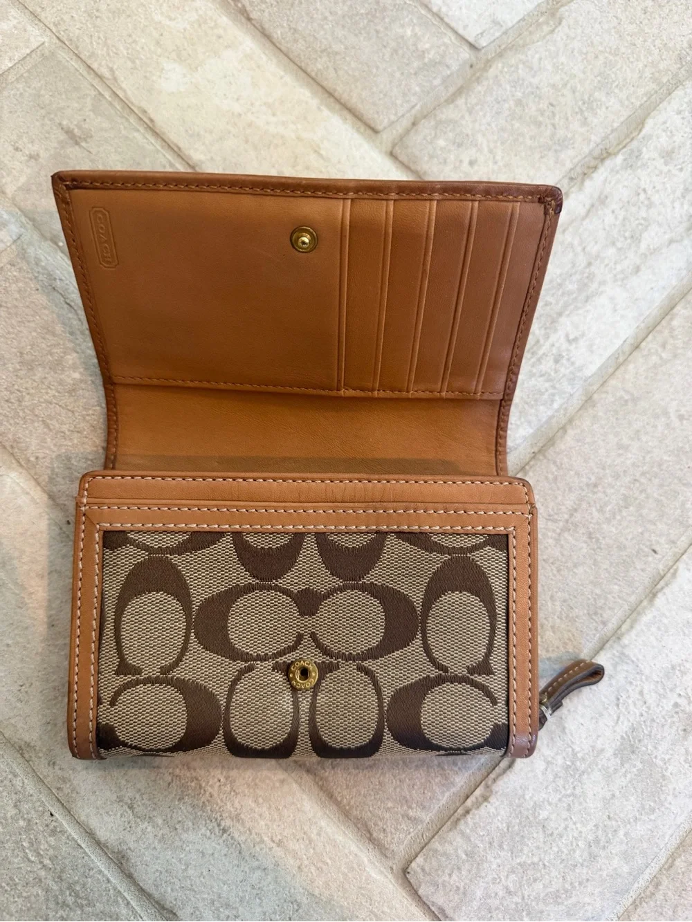 Vintage Y2K Coach Signature Jacquard Leather Bifold Wallet Brown Tan